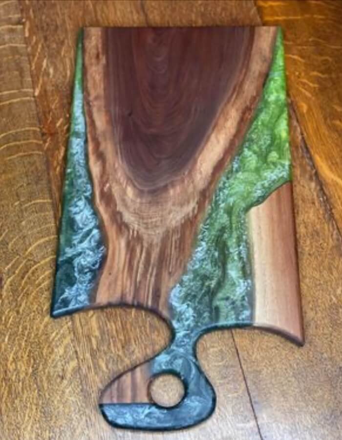 green smokey epoxy walnut charcuterie board