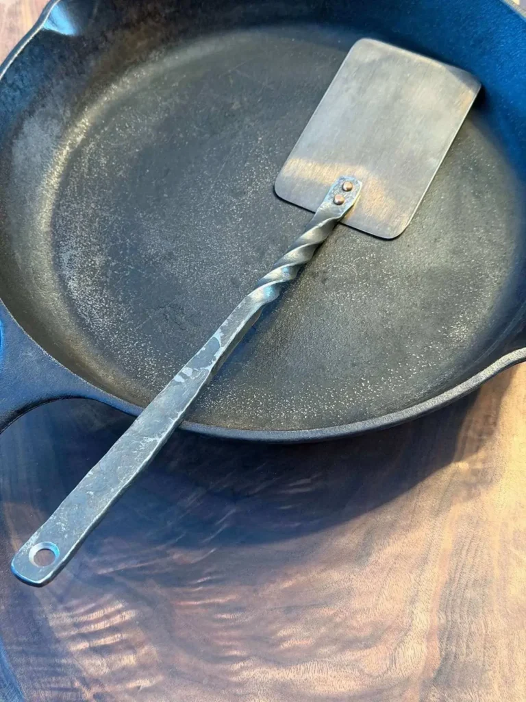 hand forged heirloom carbon steel spatula twist handle copper rivets